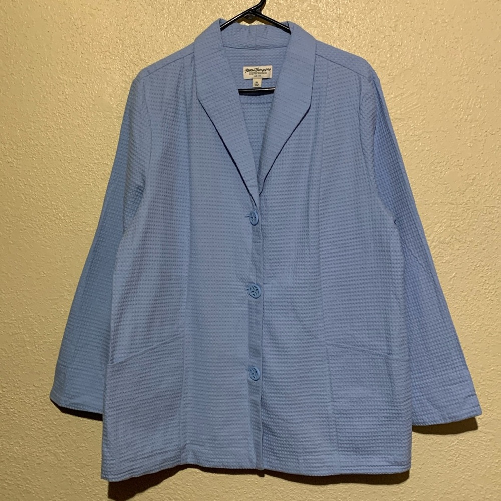 Mom Thompson Blazer Jacket XL Blue Textured Pockets Long Sleeve Cotton Buttons